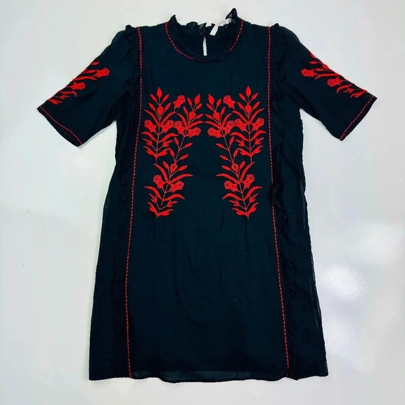 Zara Embroidered Dress Floral Ruffle Trim Black Red‎ Short Sleeve Size XS - Picture 2 of 10